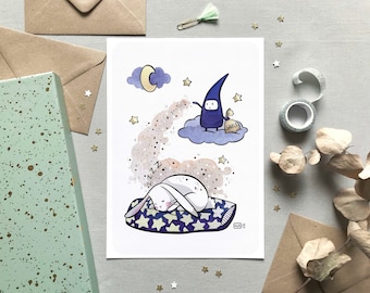 Sandman poster - Watercolor illustration - Animal drawing, White rabbit, Kids room, Wall deco, Birth gift idea, Kids drawing, Art print