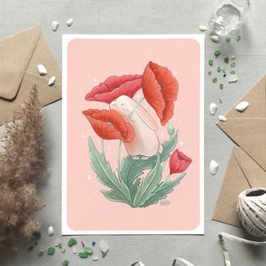 Lapin blanc mignon et coquelicots – Illustration poétique fleurs | Affiche A4 & Carte postale A6 | Déco chambre enfant | Idée cadeau