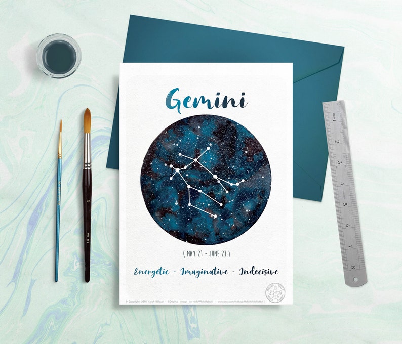 Astrology Card Zodiac Signs Gemini, Horoscope, Planet watercolor, Constellation Illustration, Galaxy drawing, Sky, Gift idea, June month 画像 1