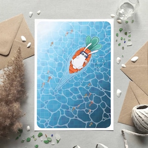 Illustration lapin, piscine et carotte gonflable, Carte & affiche drôle et mignon, Bouée et cocktail, Décoration murale été, Format A6 A4 A3