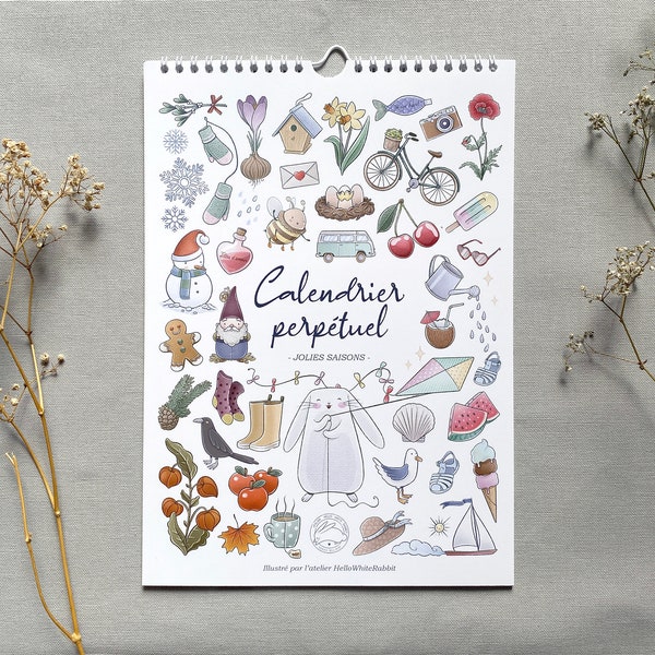 Perpetual calendar | Birthday calendar | Wall A4 size calendar to hang | Cute animals & flowers illustrations | Lovely seasons