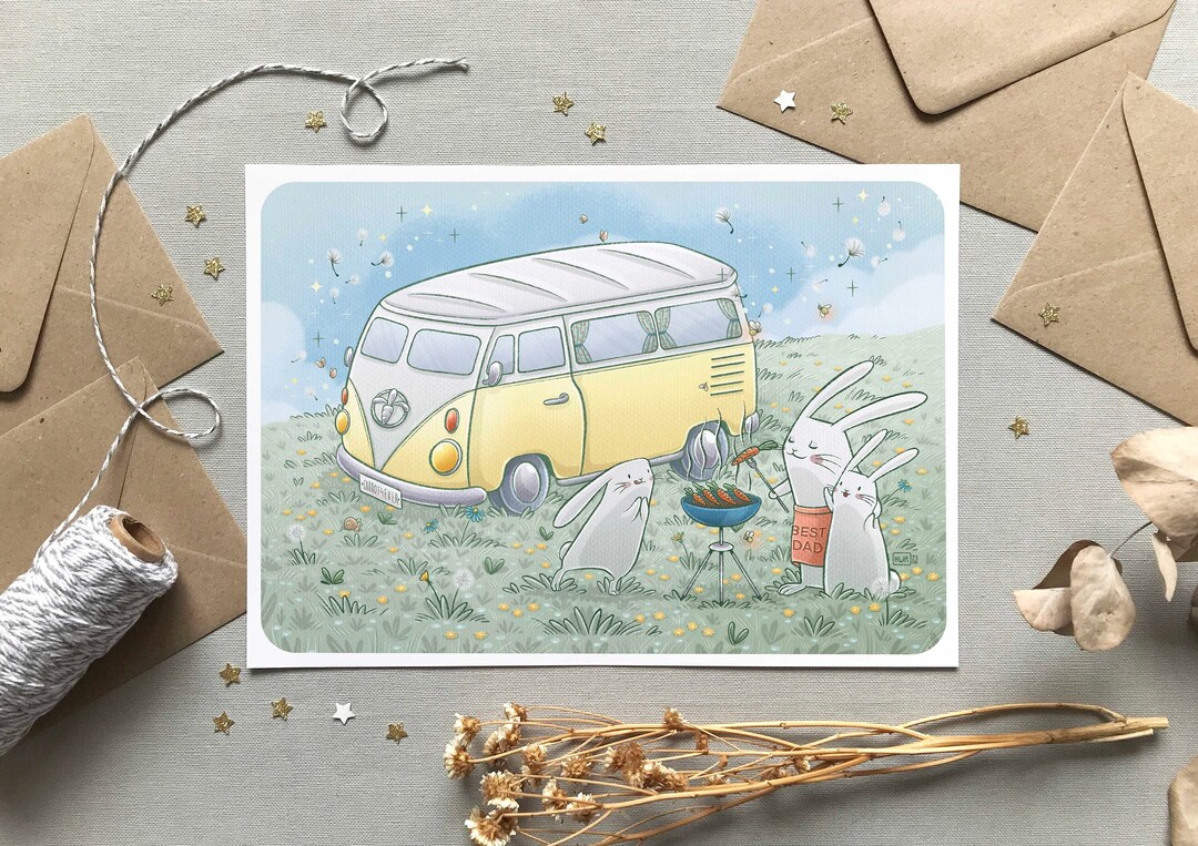 Father's Day Card & Print, Rabbit Family and Combi-van Illustration ...