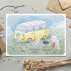 Carte & affiche fête des pères, Illustration famille lapins et combi-van, Idée cadeau papa mignon, Papa je t'aime, Format A6, A4 et A3