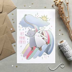 Illustration lapin et chat meilleurs amis, Carte & affiche mignonne Best Friends Forever, Idée cadeau, Décoration murale, Formats A6, A4, A3
