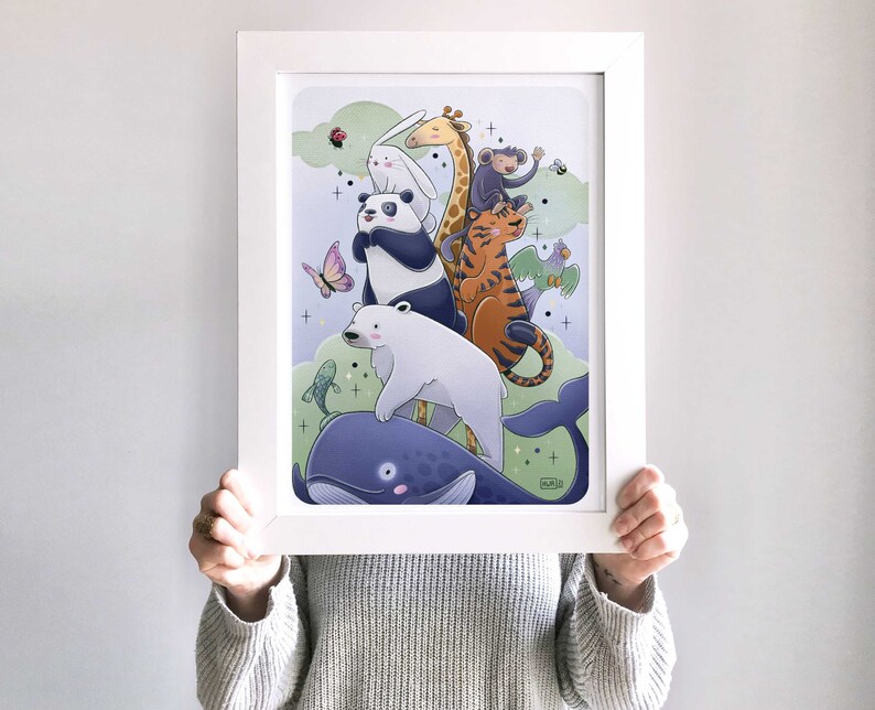 May include: A whimsical illustration of a panda, polar bear, giraffe, tiger, monkey, and whale. The animals are stacked on top of each other, with the whale at the bottom and the monkey at the top. The illustration is set against a light blue background with white clouds and stars.