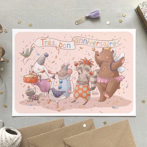 Very happy birthday illustration, Cute disguised forest animals postcard, Birthday gift idea, A6 postcard to offer