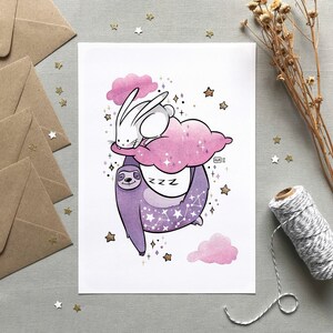 Lindo cartel de perezoso, Ilustración para niños, Decoración de pared de habitación bebé, Conejo y constelaciones, formatos A6, A4 y A3