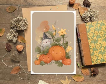 May include: A Halloween-themed illustration featuring a friendly ghost wearing a witch hat, surrounded by smiling pumpkins and flowers. The artwork is on a beige card, with a vintage book and autumn leaves in the background.
