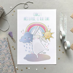 Illustration mignonne lapin, soleil, pluie et arc-en-ciel, Carte & affiche message " Courage après la pluie le beau temps ", Format A6 A4 A3