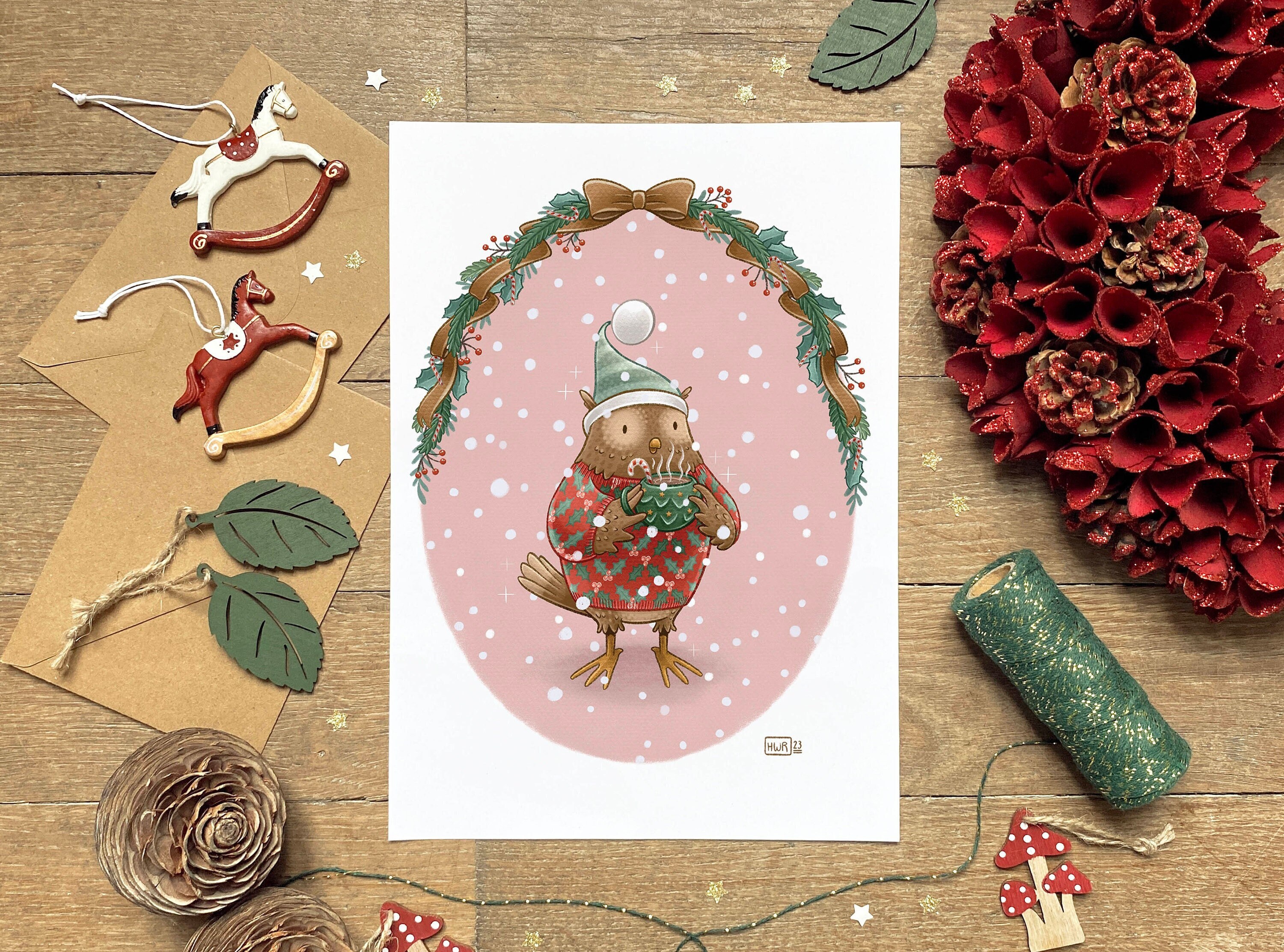 Illustration hibou mignon, Affiche enfant, Carte de Noël, Décoration pour l'hiver, C