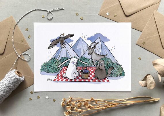 Illustration lapin pique-nique, Carte & affiche animaux de la montagne, Myrtille marmotte chamois, Décoration murale mignon, Format A6 A4 A3