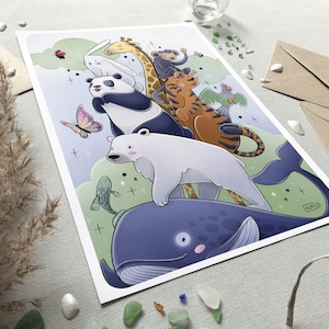 May include: A whimsical illustration of a group of animals, including a panda, polar bear, tiger, giraffe, monkey, and a blue whale. The animals are stacked on top of each other, with the whale at the bottom and the monkey at the top. The illustration is set against a light blue background with green and white accents.