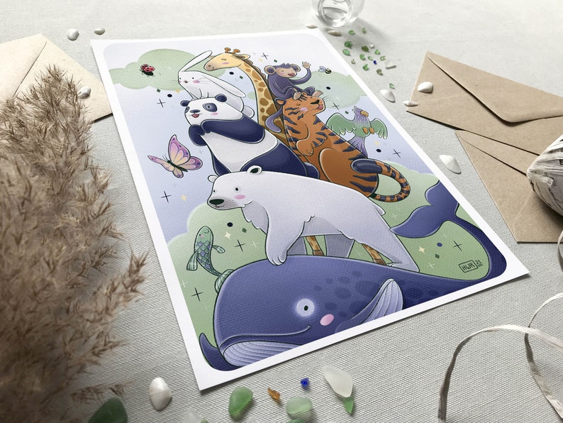May include: A whimsical illustration of a group of animals, including a panda, polar bear, tiger, giraffe, monkey, and a blue whale. The animals are stacked on top of each other, with the whale at the bottom and the monkey at the top. The illustration is set against a light blue background with green and white accents.