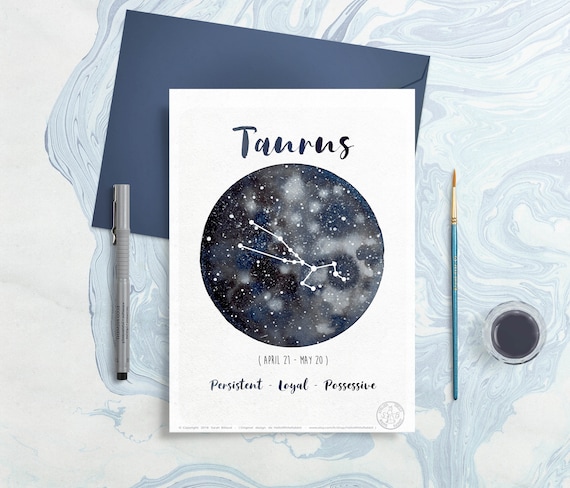 Carte Astrologie Signes Du Zodiaque Taureau Taurus Illustration Planète Dessin Constellation Aquarelle Galaxie Carte Cadeau Mai