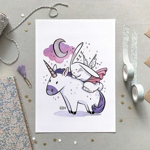 Lindo cartel de unicornio, Ilustración de animales, Reproducción en acuarela, Decoración de pared de dormitorio infantil, Idea de regalo de nacimiento, Formato A6, A4, A3