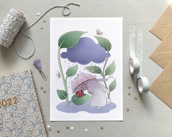 Rabbit and ladybug illustration, Cute postcard and print, Environmental protection drawing, Rain and umbrella, Kid wall art, A6 A4 & A3 size