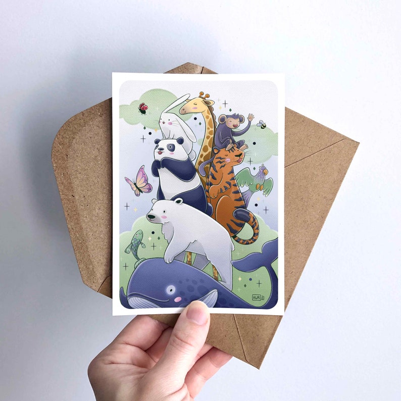 May include: A whimsical illustration of a group of animals, including a panda, a polar bear, a giraffe, a monkey, and a tiger, riding on a whale. The animals are all smiling and appear to be enjoying their journey. The background is a light blue with stars and a butterfly.