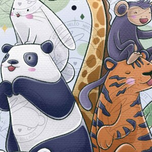 May include: A colorful illustration of a panda, a giraffe, a tiger, a monkey, and a rabbit. The animals are stacked on top of each other, with the panda at the bottom and the rabbit at the top. The animals are all smiling and have friendly expressions.