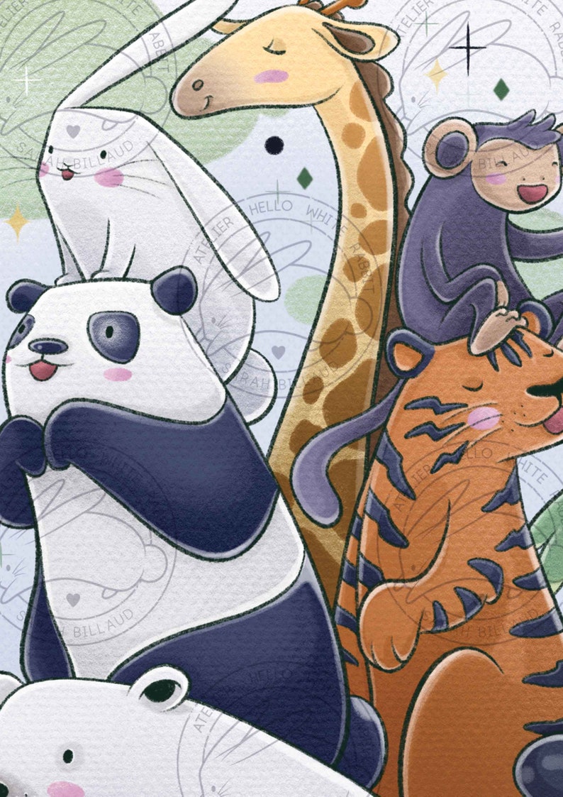 May include: A colorful illustration of a panda, a giraffe, a tiger, a monkey, and a rabbit. The animals are stacked on top of each other, with the panda at the bottom and the rabbit at the top. The animals are all smiling and have friendly expressions.