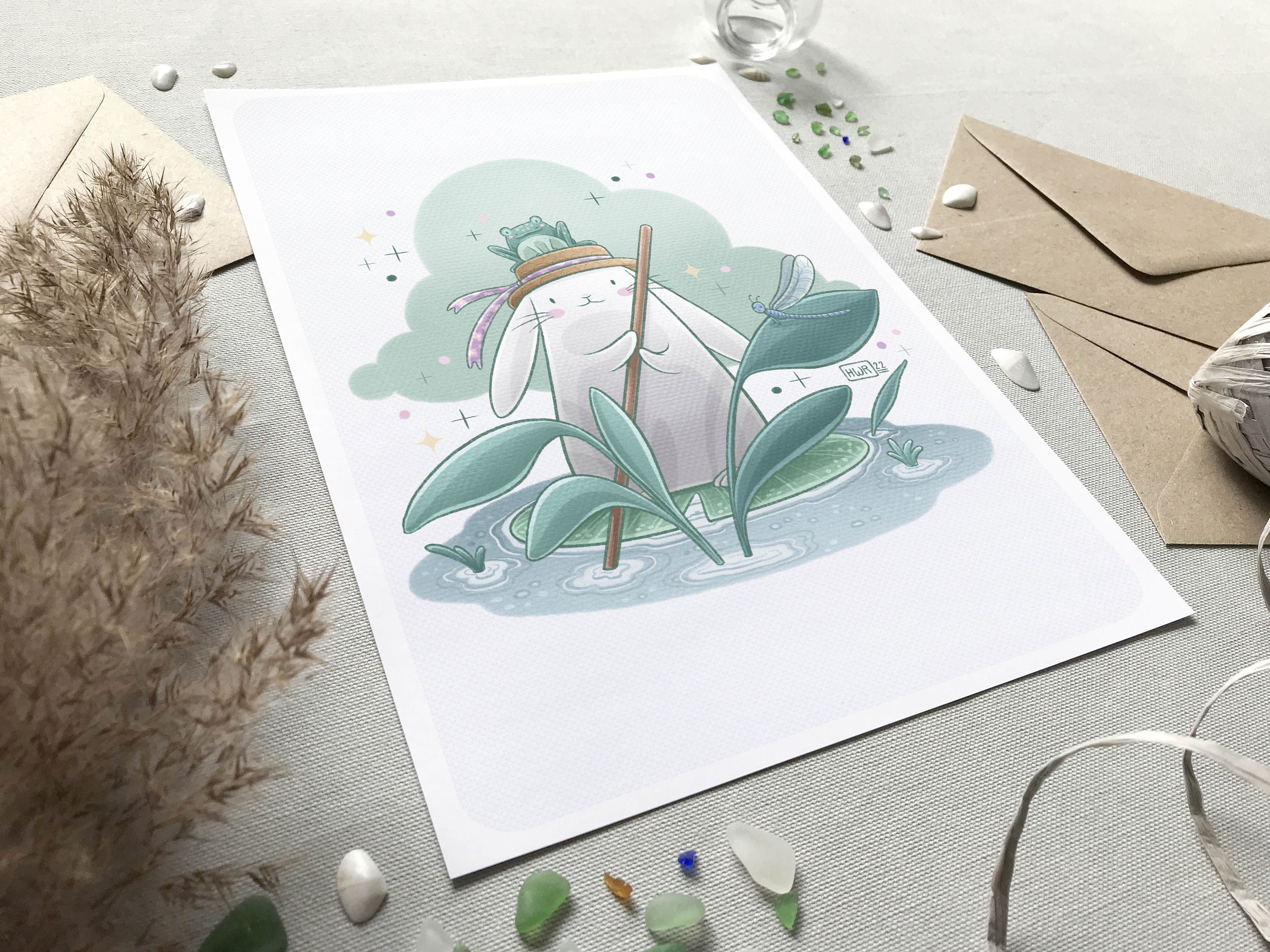 Rabbit Frog and Swamp Illustration, Cute Postcard & Print for Kids ...
