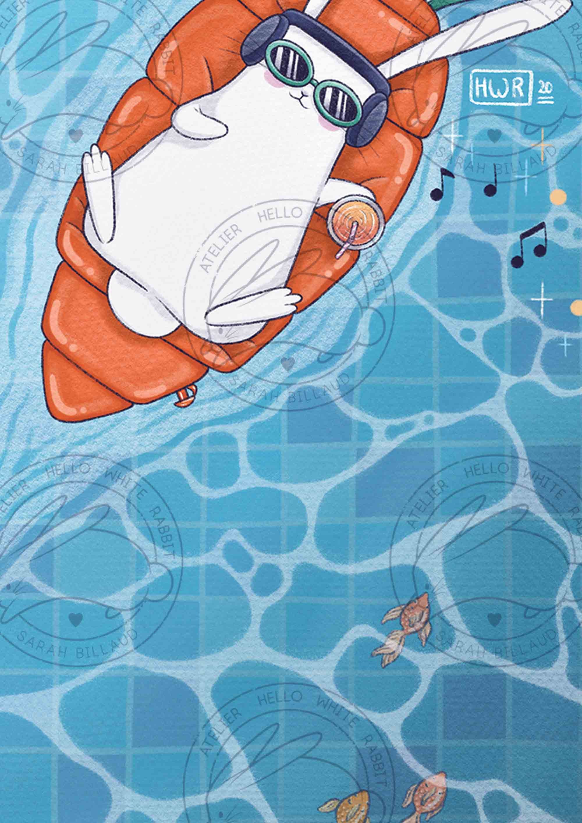 Rabbit, Pool and Inflatable Carrot Illustration, Funny and Cute ...