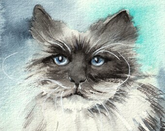 Original watercolor representing a grey cat, unique artwork, card format, real watercolor