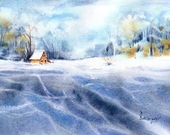 Original and unique watercolor of a winter landscape in the countryside