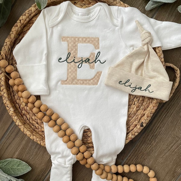 Personalized neutral baby boy sleeper with footies, custom infant boy coming home outfit and hat set, baby shower gift, newborn boy romper