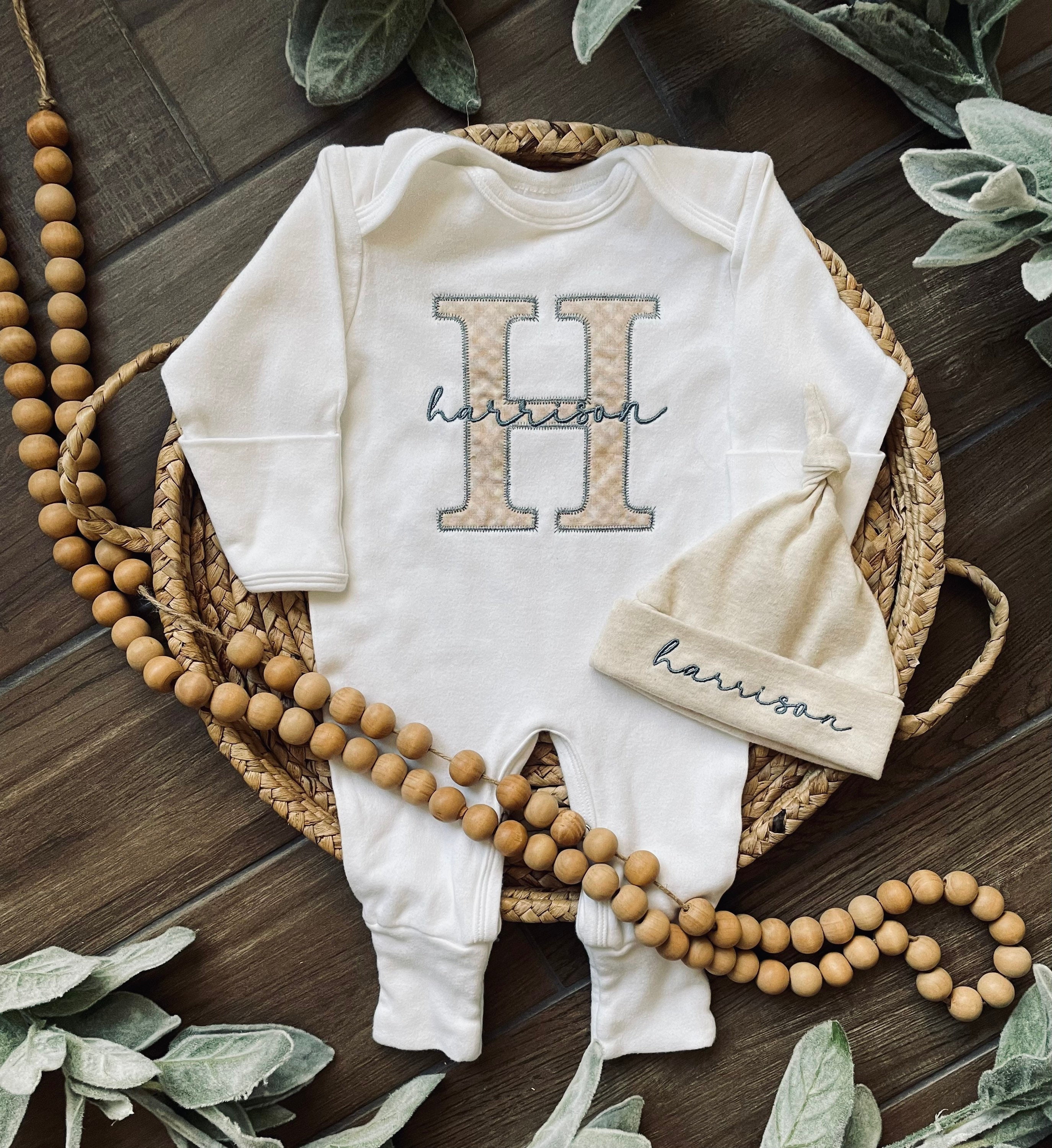 Personalized neutral baby boy sleeper with footies, custom infant boy coming home outfit and hat set, baby shower gift, newborn boy romper