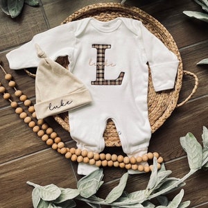 Personalized neutral baby boy sleeper with footies, custom infant boy coming home outfit and hat set, western plaid newborn baby romper