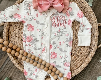Personalized baby girl coming home outfit, monogrammed newborn outfit, vintage floral sleeper, mauve floral ruffle romper, take home outfit