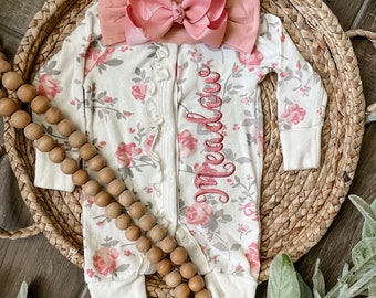 Personalized baby girl coming home outfit, embroidered sleeper, mauve floral ruffle romper, Newborn take home outfit, vintage floral footie