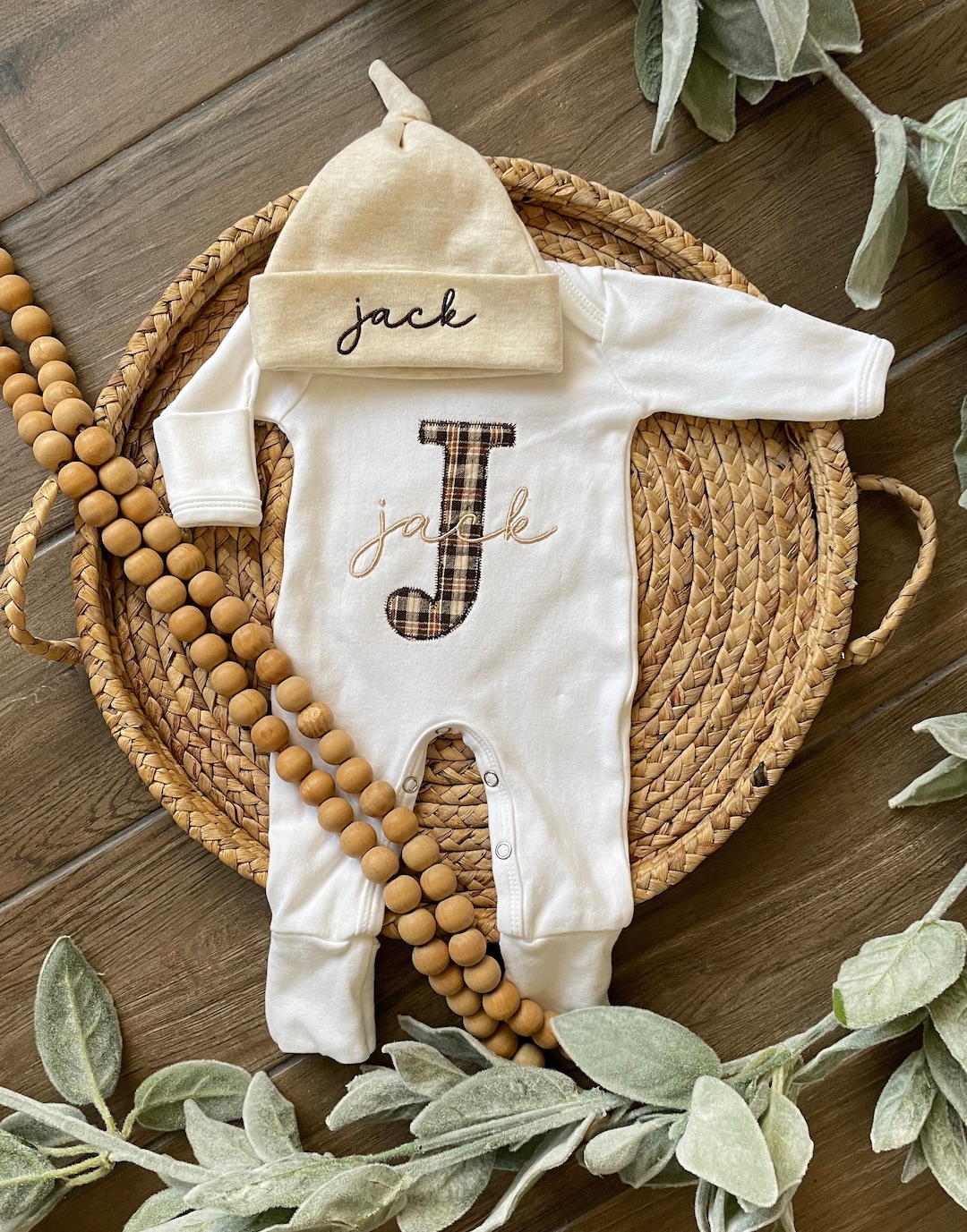 Personalized Neutral Baby Boy Sleeper With Footies, Custom Infant Boy