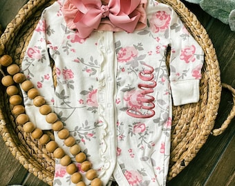 Personalized baby girl coming home outfit, embroidered sleeper, mauve floral ruffle romper, Newborn take home outfit, vintage floral footie