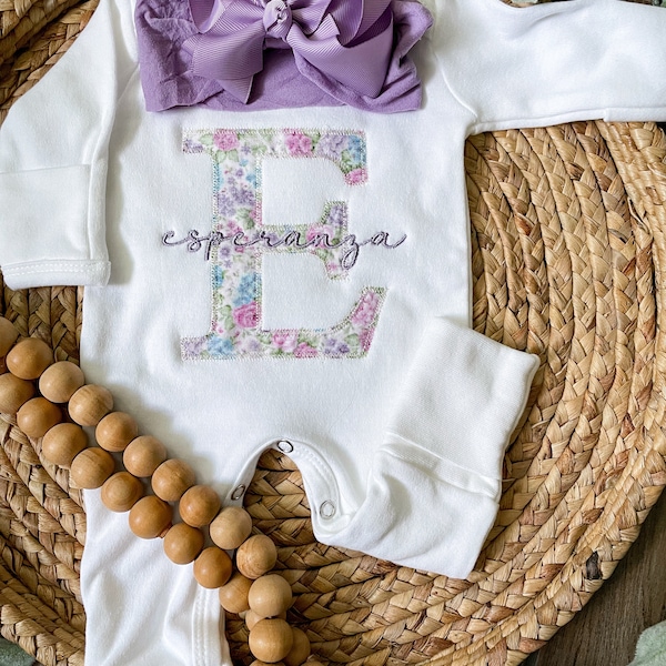 Personalized baby girl coming home outfit, Vintage purple floral newborn sleeper with name, Southern baby girl outfit, purple newborn footie