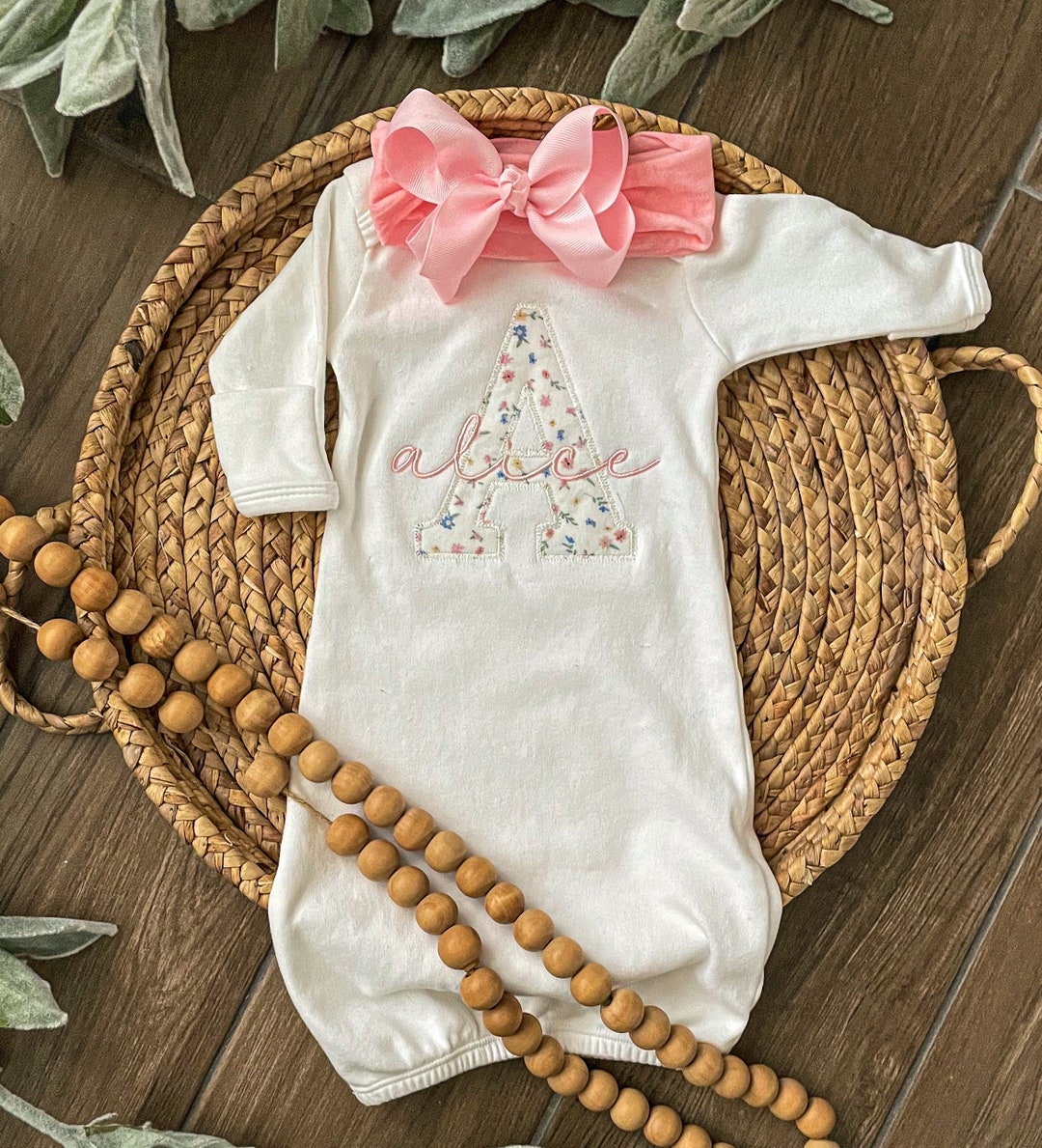 Personalized Baby Girl Coming Home Outfit, Vintage Floral Newborn Gown