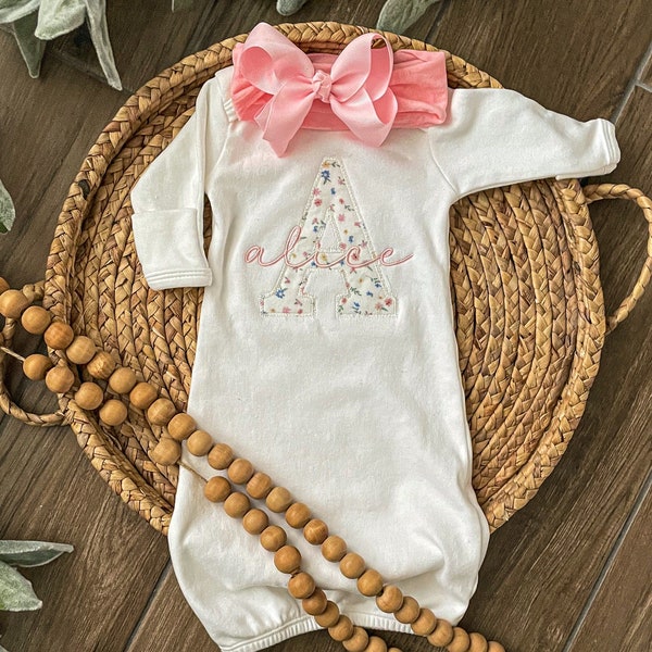 Personalized baby girl coming home outfit, Vintage floral newborn gown with name, Southern baby girl outfit, spring baby girl gift set