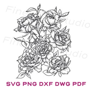 Rose Floral Line Art Design and Clip Art for cricut: svg png dxf dwg pdf - digital download for commercial use and floral design creator