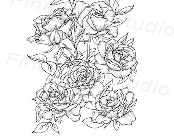 Rose Floral Line Art Design and Clip Art for cricut: svg png dxf dwg pdf - digital download for commercial use and floral design creator
