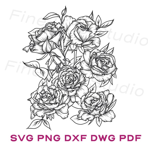 Rose Floral Line Art Design and Clip Art for cricut: svg png dxf dwg pdf - digital download for commercial use and floral design creator