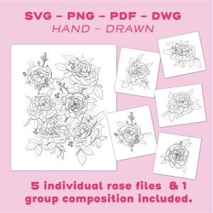 Rose Floral Line Art Design Bundle: svg png dwg pdf - vector graphic cut file laser clip art - instant digital download cricut file