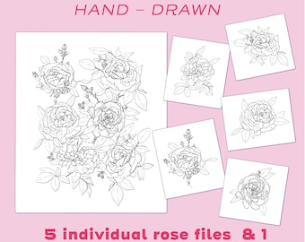 Rose Line Art Design-bundel: bloemenvectorafbeeldingen (digitale download)