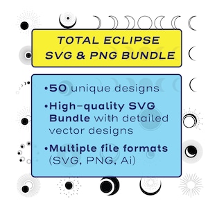 Könnte beinhalten: Eine blaue und gelbe Grafik mit dem Text "TOTAL ECLIPSE SVG & PNG BUNDLE" und einer Liste von Funktionen: 50 einzigartige Designs, hochwertiges SVG-Paket mit detaillierten Vektor-Designs und mehrere Dateiformate (SVG, PNG, Ai).
