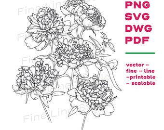 Peony Floral Line Art Design - instant download, peony outline, cricut file, botanical svg, floral svg, peony svg, flower svg