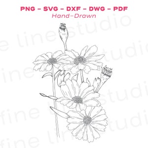 デイジーの花のラインアートデザイン - 即時ダウンロード、デイジーのアウトライン、クリカットファイル、植物SVG、花のSVG、デイジーSVG、花のSVG