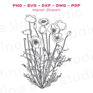 Poppy Floral Line Art Design - para impressão: download instantâneo, contorno de papoula, arquivo cricut, svg botânico, svg floral, papoula svg, flor svg