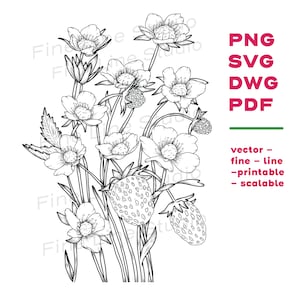 Dessin au trait floral Strawberry Blossom - imprimable : téléchargement immédiat, contour fraise, fichier cricut, svg botanique, svg floral, dessiné à la main