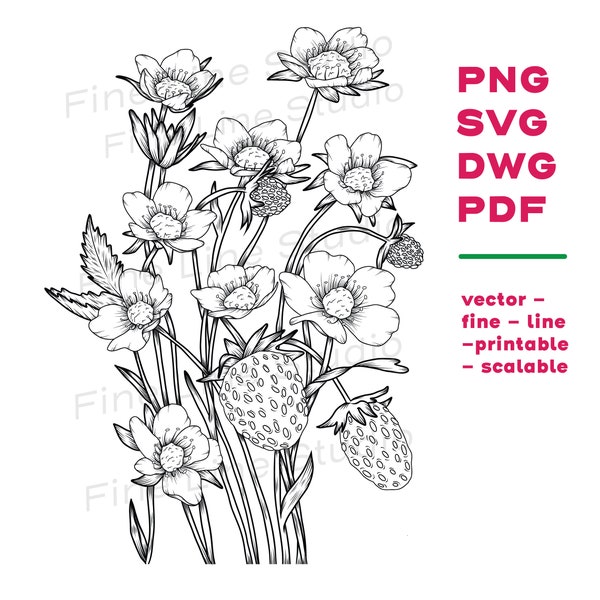 Strawberry Blossom Floral Line Art Design - fine line printable: svg png dwg pdf