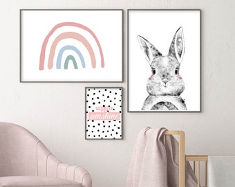 Set of 3 Bunny Rainbow Prints, Nursery Prints, Polka Dot Nursery Bedroom, Baby Girl Pink Pictures, Girls Wall Art Decor, You Are My Sunshine