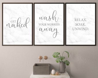 Bathroom Quote Prints Set: Marble Background, Inspirational Wall Art